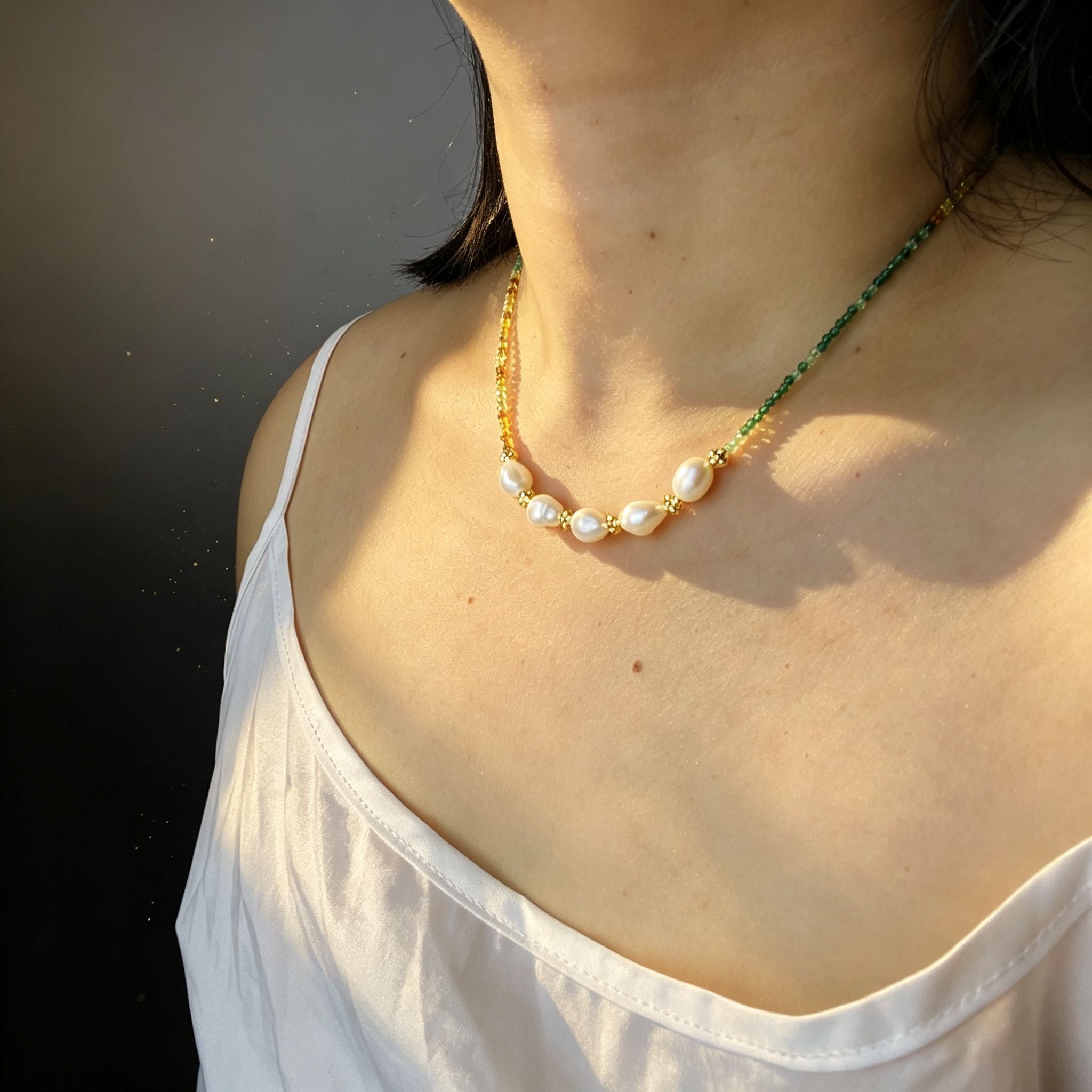 Handmade Green Orange Gradient Crystal Bead Necklace | Baroque Freshwater Pearl Gold Flower Spacer Luxe