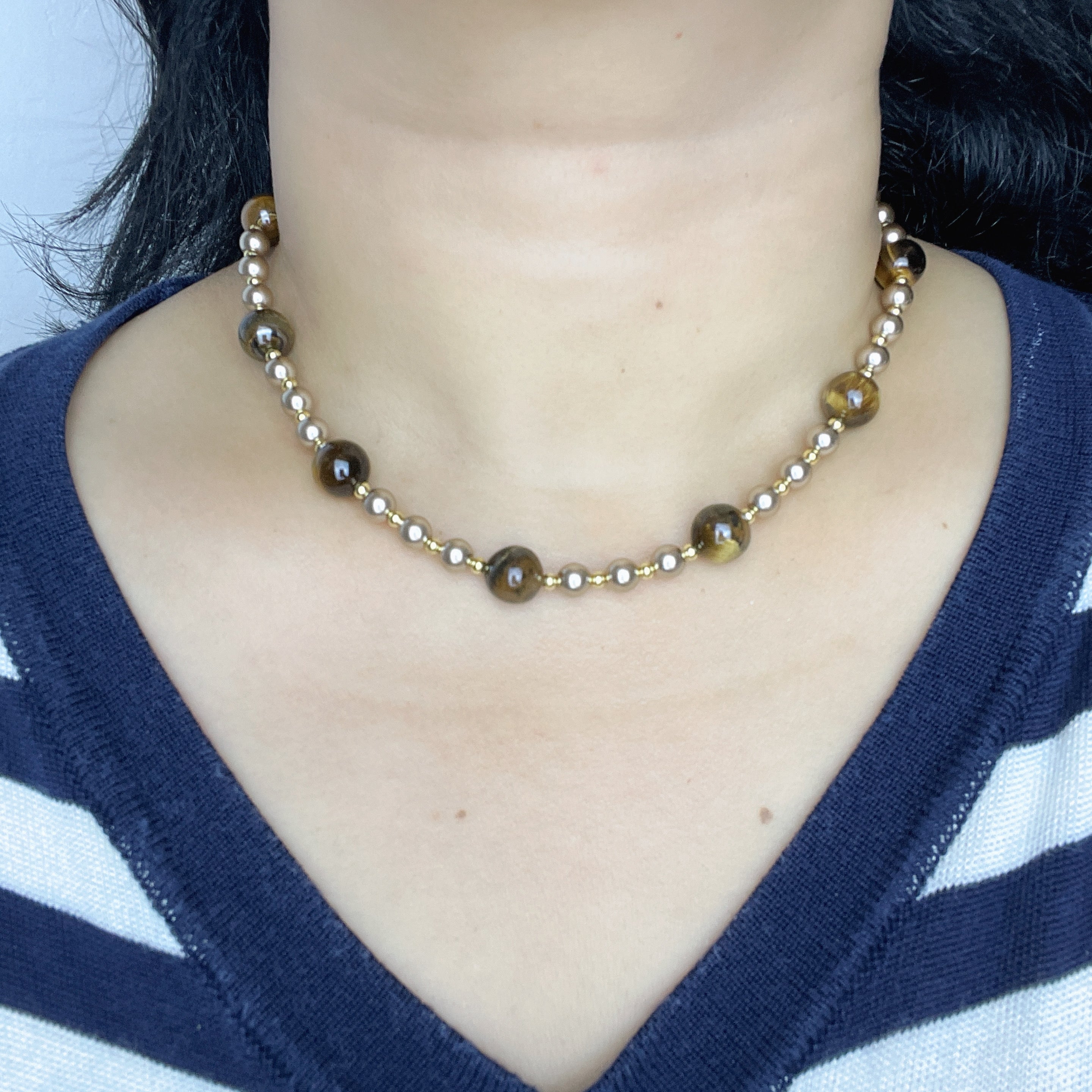 Handmade Tiger Eye & Gold Bead Choker Necklace | Natural Stone Alternating Design