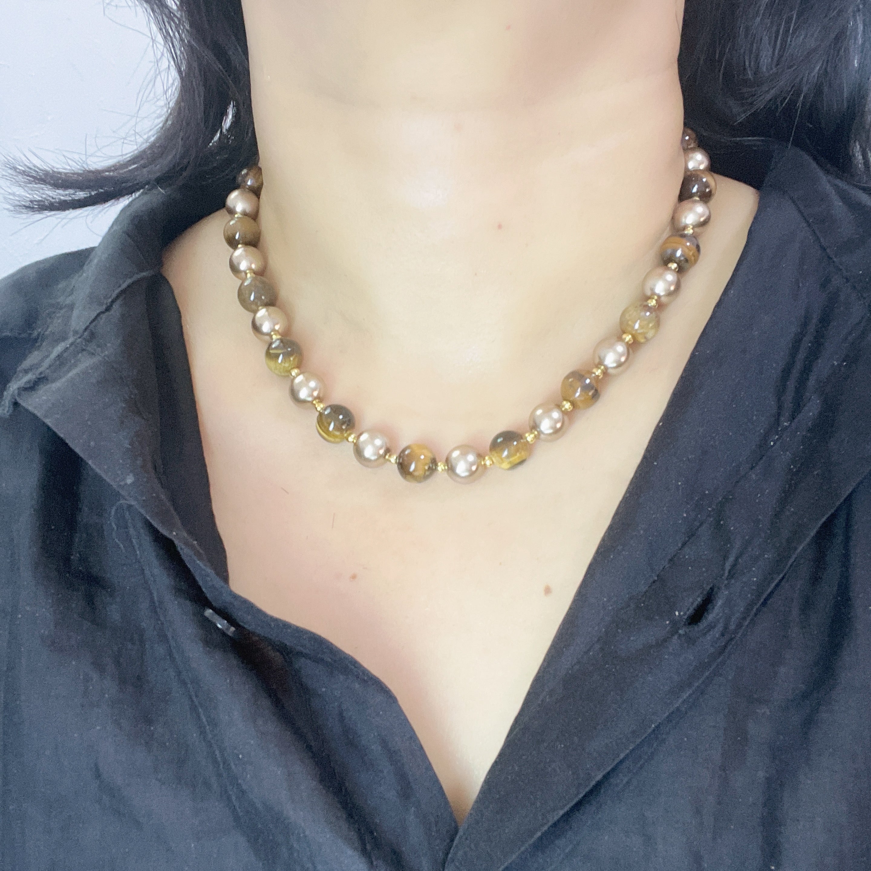 Handmade Tiger Eye Stone & Freshwater Pearl Choker Necklace | Gold Spacer Natural Gemstone Luxe Collar