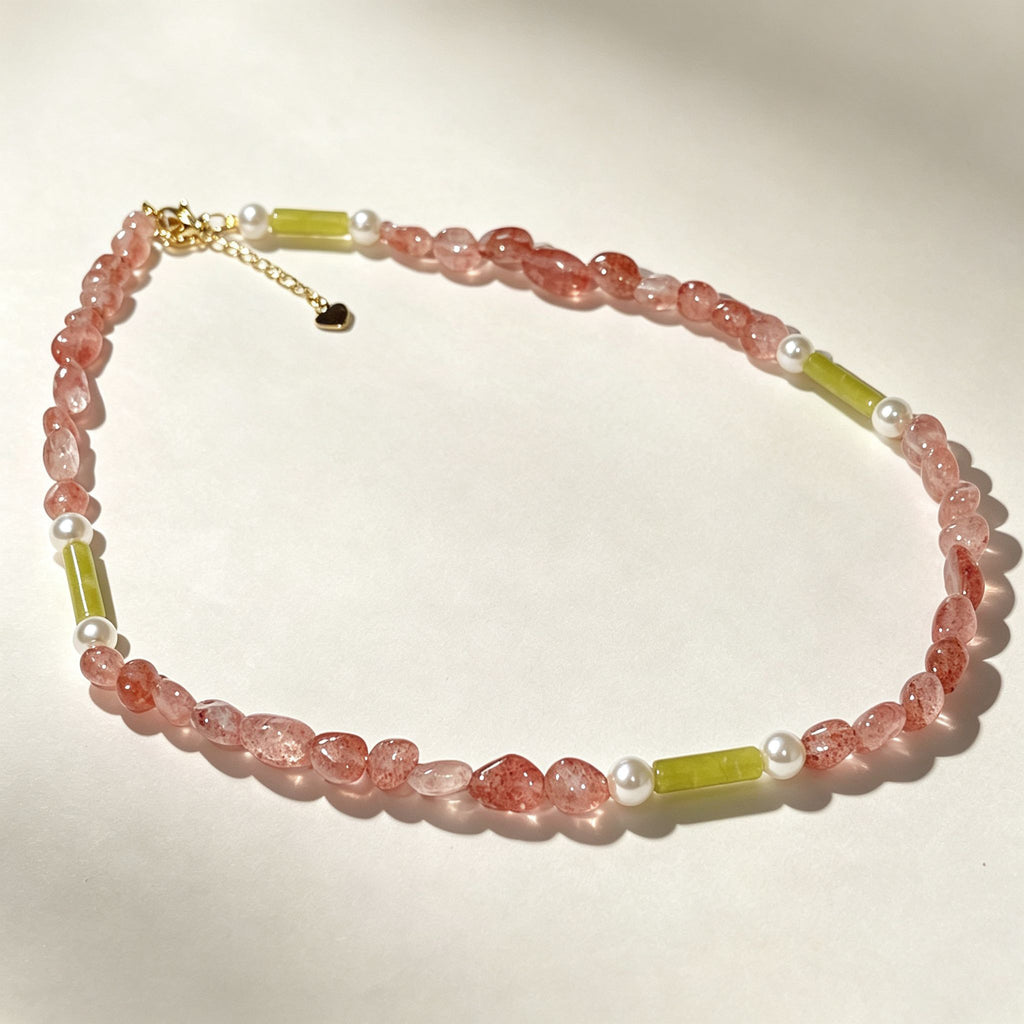 Handmade Strawberry Quartz & Green Jade Tube Pearl Necklace | Gold Lobster Clasp Heart Charm