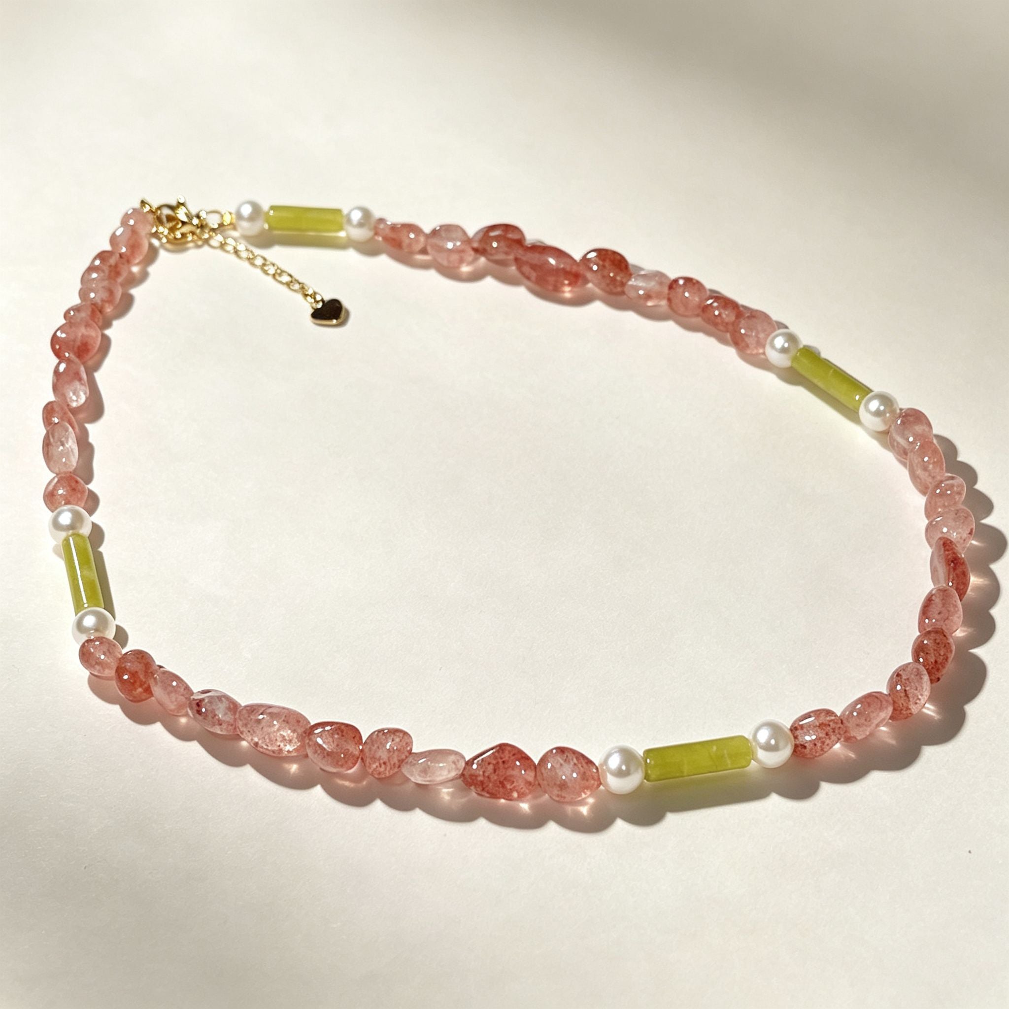 Handmade Strawberry Quartz & Green Jade Tube Pearl Necklace | Gold Lobster Clasp Heart Charm