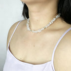 Handmade Clear Quartz Crystal Chip Stone Choker Necklace | Raw Natural Stone Light Blue Gold Accent