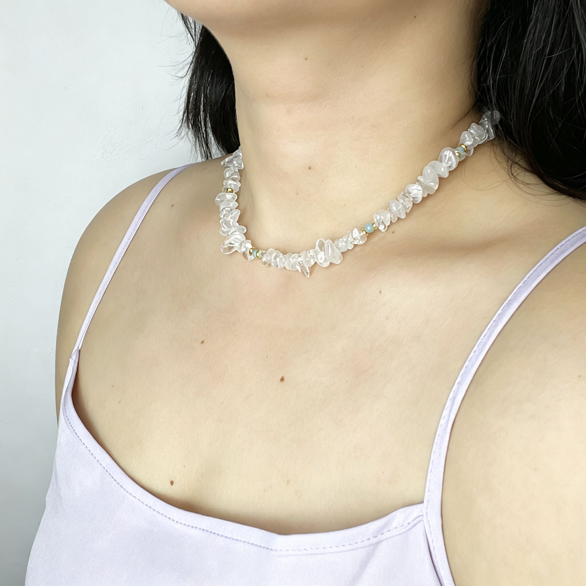 Handmade Clear Quartz Crystal Chip Stone Choker Necklace | Raw Natural Stone Light Blue Gold Accent