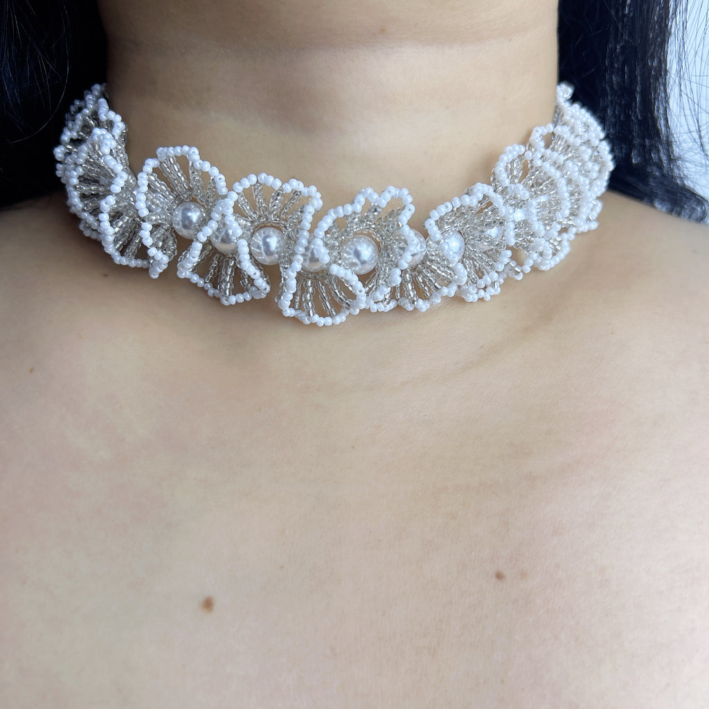 Handmade White & Silver 3D Flower Garland Choker Necklace | Pearl Center Bridal Wedding Statement Collar