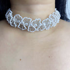 Handmade White & Silver 3D Flower Garland Choker Necklace | Pearl Center Bridal Wedding Statement Collar