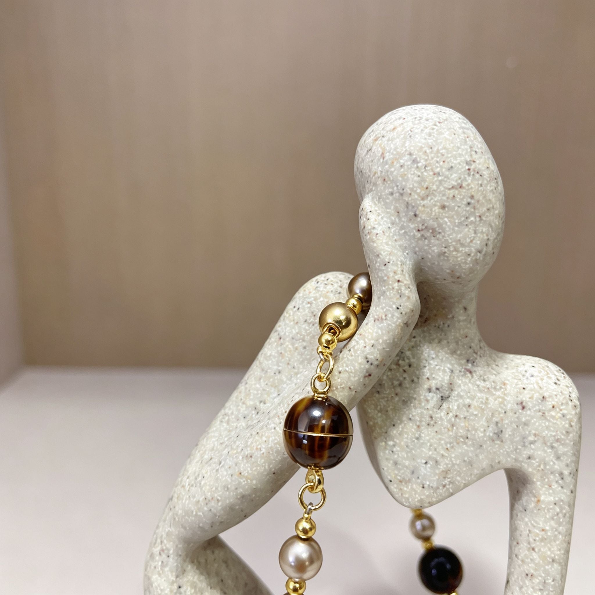 Handmade Tiger Eye & Metal Bead Choker Necklace | Natural Stone Silver Gold Spacer