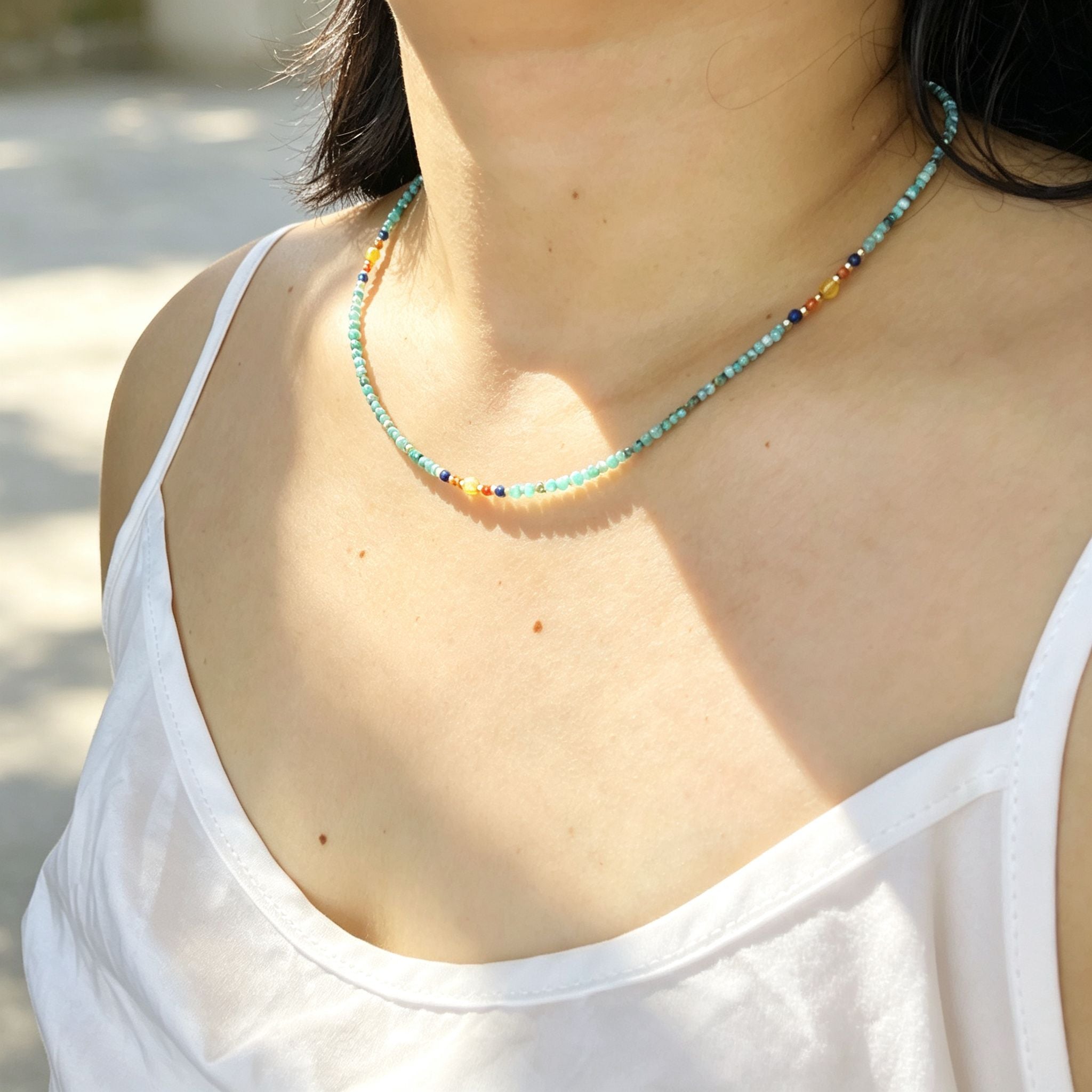 Handmade Mint Green Seed Bead Choker Necklace | Orange Agate Navy Blue Gold Accent