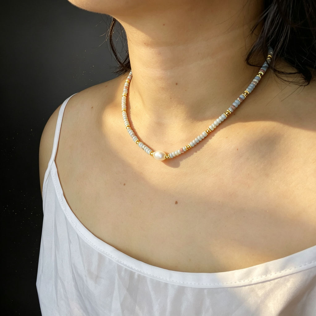 Handmade Grey & Blush Heishi Disc Choker Necklace | Baroque Freshwater Pearl Center Gold Spacer Minimal