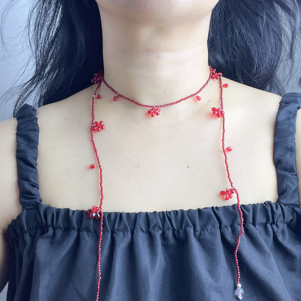Handmade Deep Red Seed Bead Long Wrap Necklace | Scattered Flower Bead Crystal Drop Lariat Boho Statement