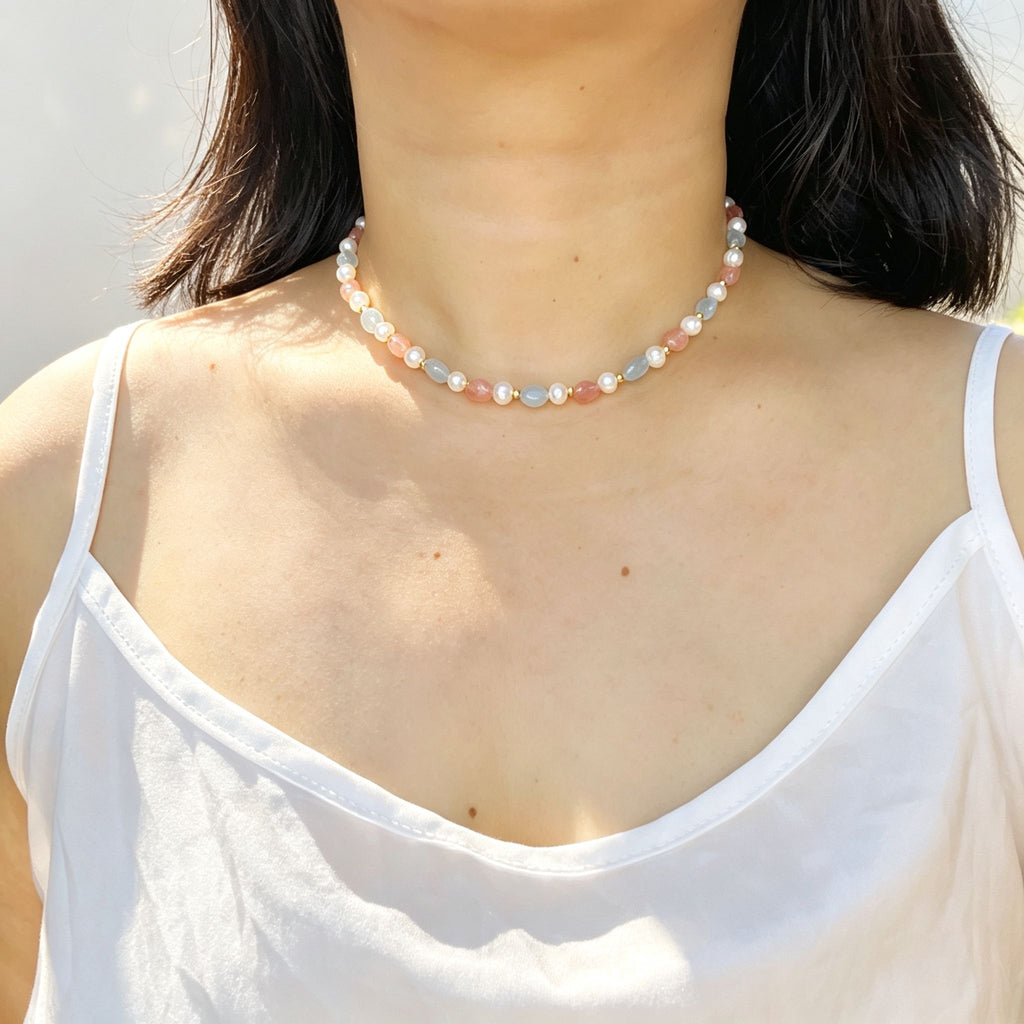 Handmade Morganite Pearl & Aquamarine Mixed Stone Choker Necklace | Pastel Pink Blue Gold