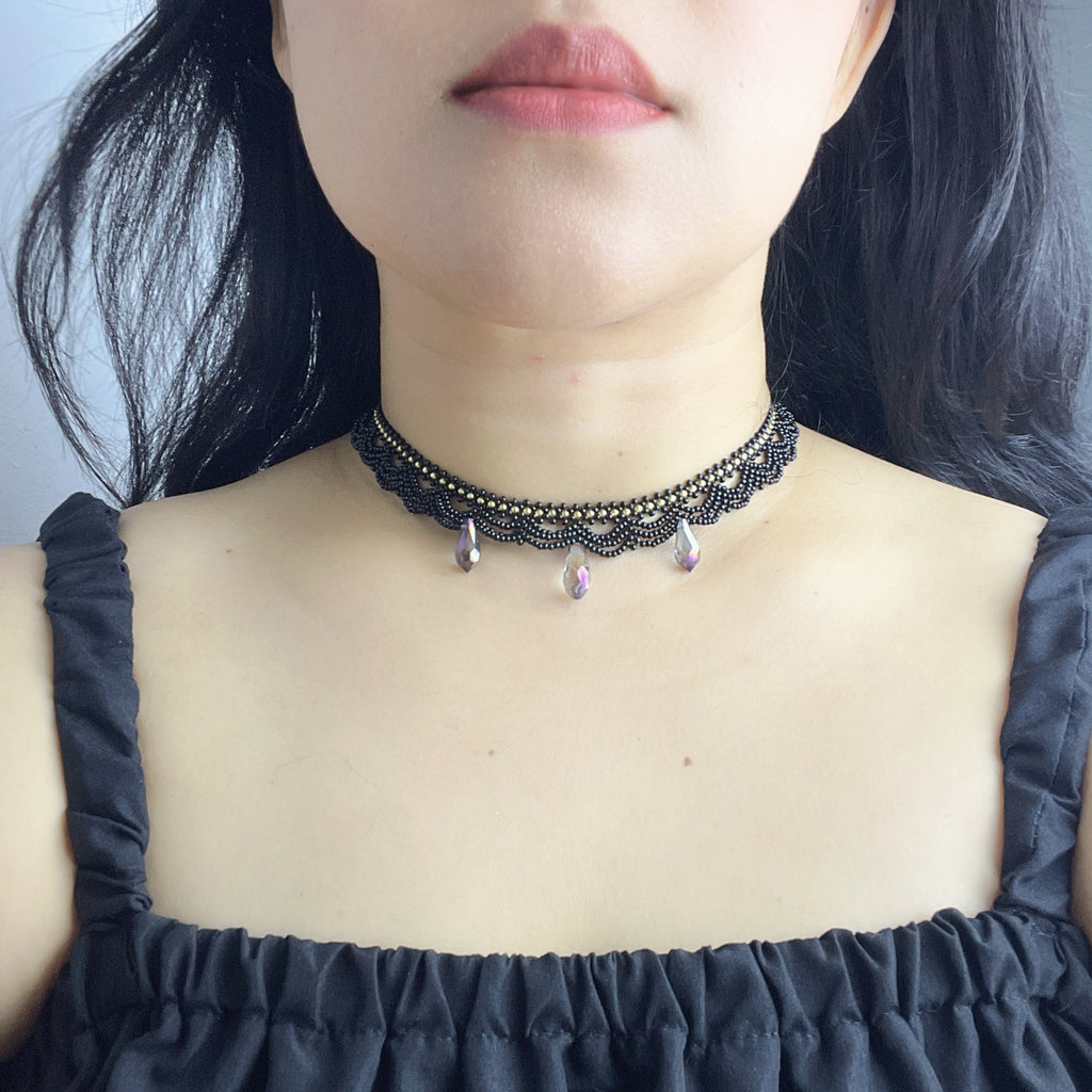 Handmade Black Multi-Layer Wave Lace Beaded Choker Necklace | AB Crystal Teardrop Drop Gothic Fairycore Collar