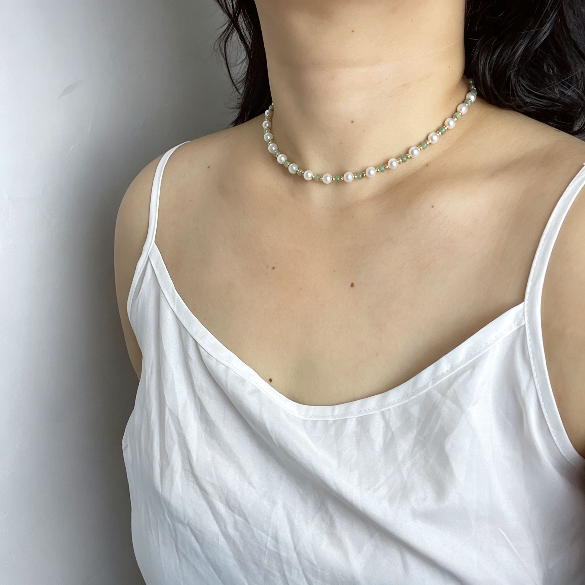 Handmade Pearl & Sage Green Seed Bead Choker Necklace | Gold Spacer Elegant Jewelry