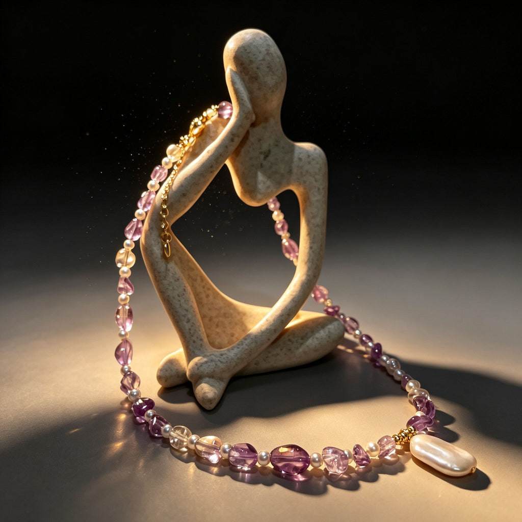 Handmade Amethyst & Citrine Crystal Baroque Pearl Beaded Necklace | Purple Yellow Natural Stone Luxe