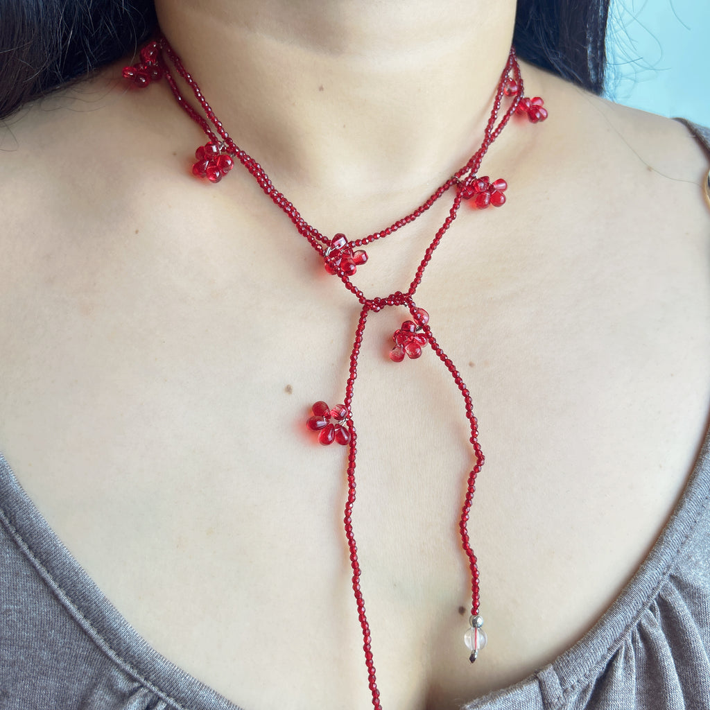 Handmade Deep Red Seed Bead Long Wrap Necklace | Scattered Flower Bead Crystal Drop Lariat Boho Statement