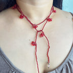 Handmade Deep Red Seed Bead Long Wrap Necklace | Scattered Flower Bead Crystal Drop Lariat Boho Statement
