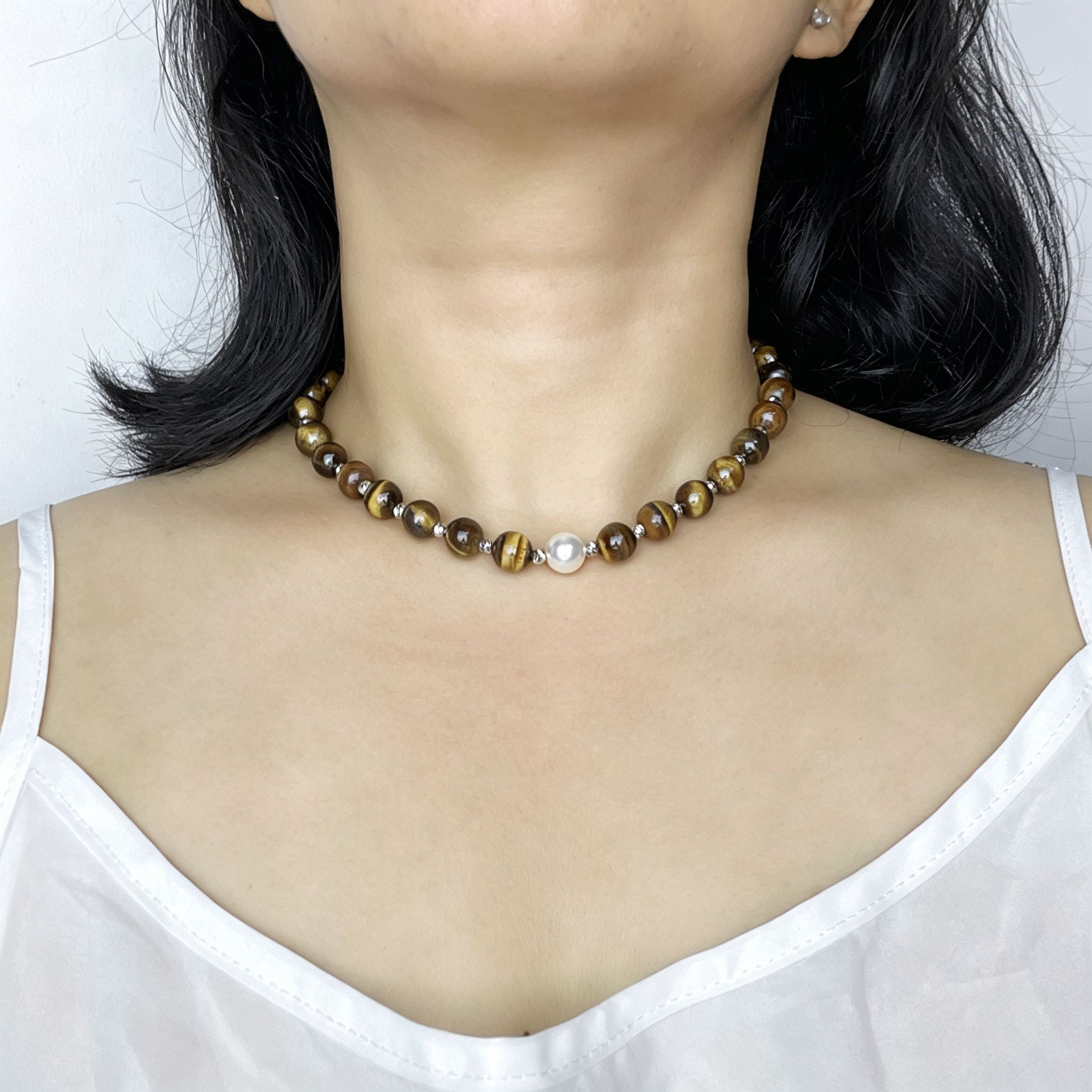 Handmade Tiger Eye Choker Necklace with Baroque Pearl Focal | Silver Spacer Natural Stone