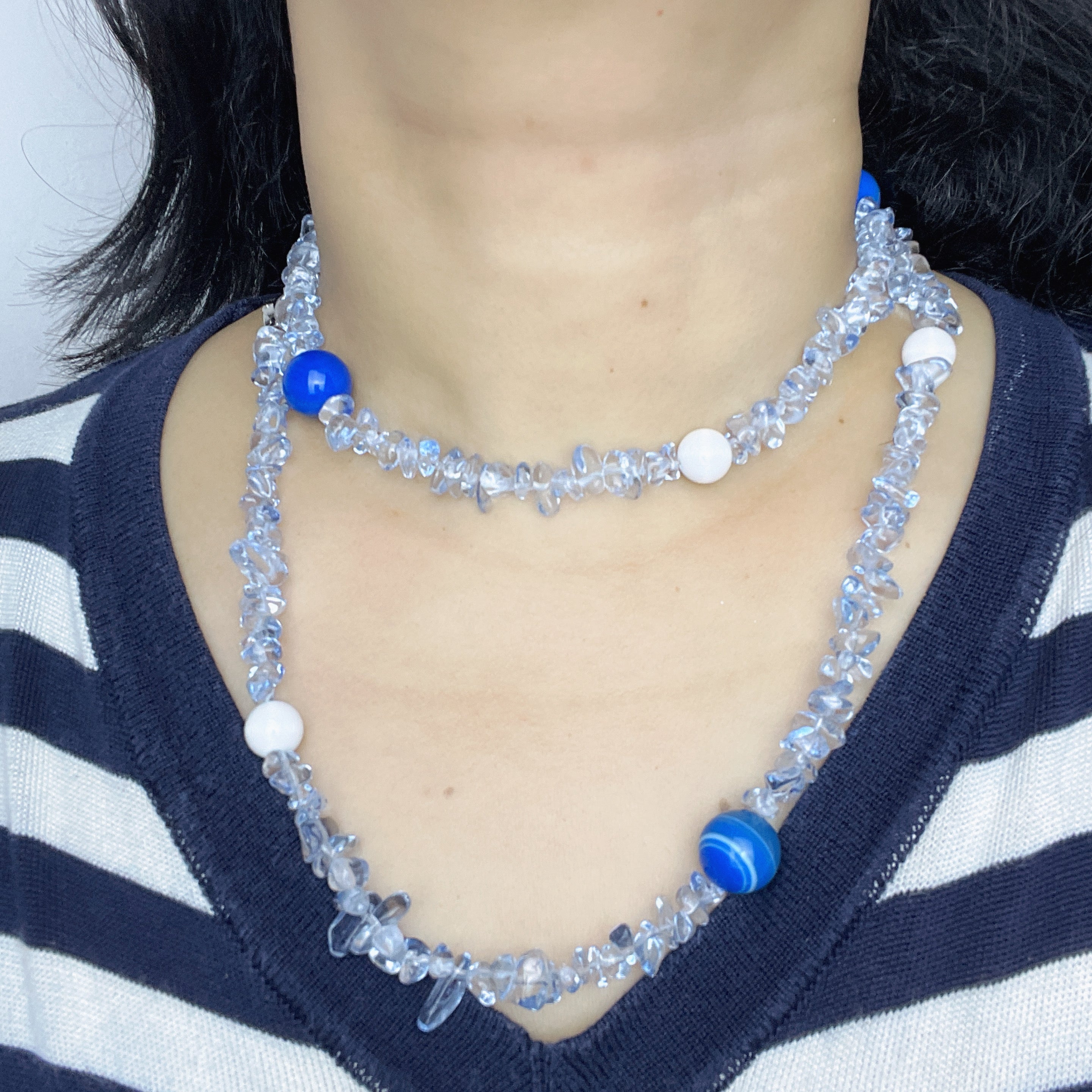 Handmade Crystal Chip & Blue Agate Bead Long Necklace | Wrap Choker Style