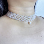 Handmade White Transparent Diamond Mesh Beaded Choker Necklace | Heart Pearl Drop Y2K Minimalist Collar