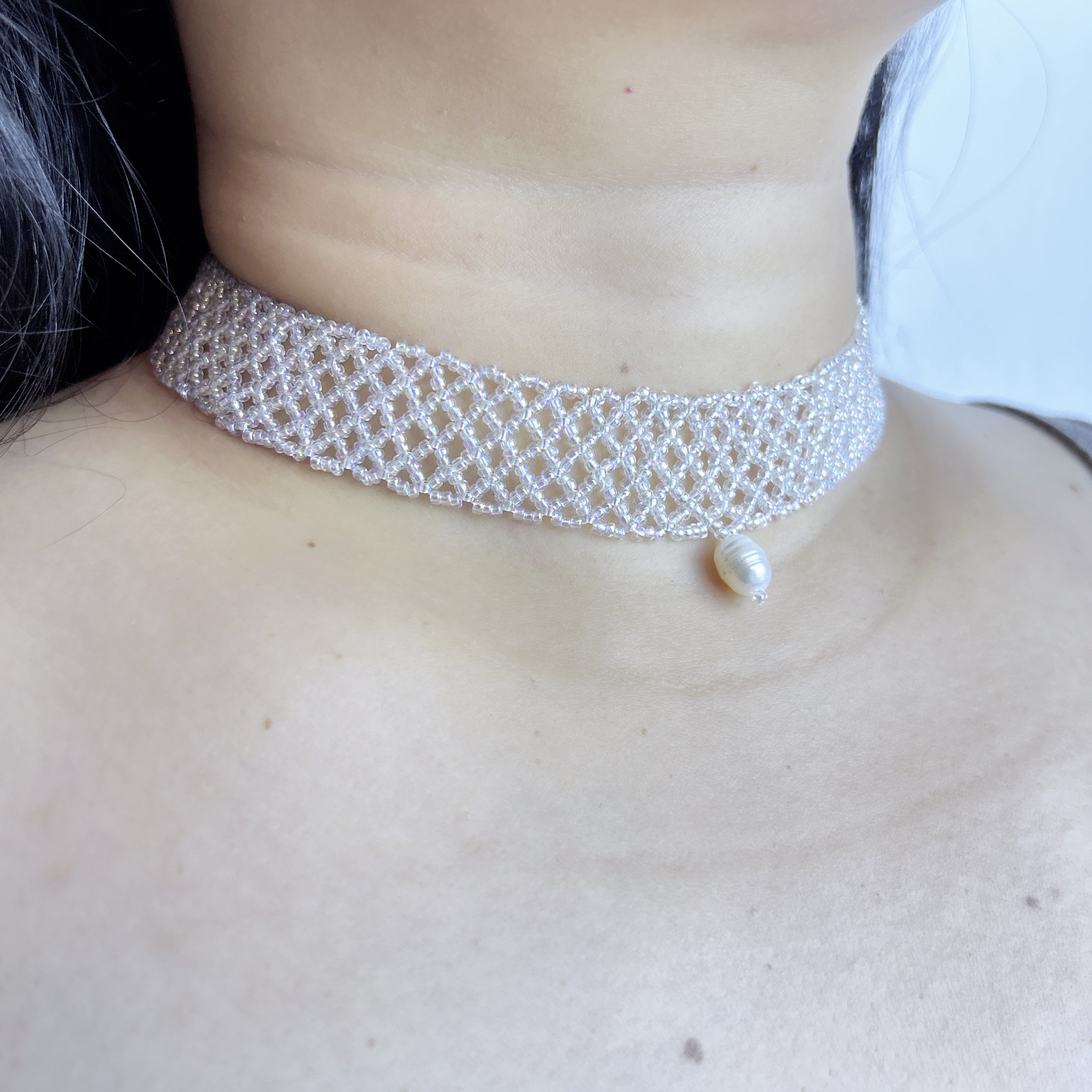 Handmade White Transparent Diamond Mesh Beaded Choker Necklace | Heart Pearl Drop Y2K Minimalist Collar
