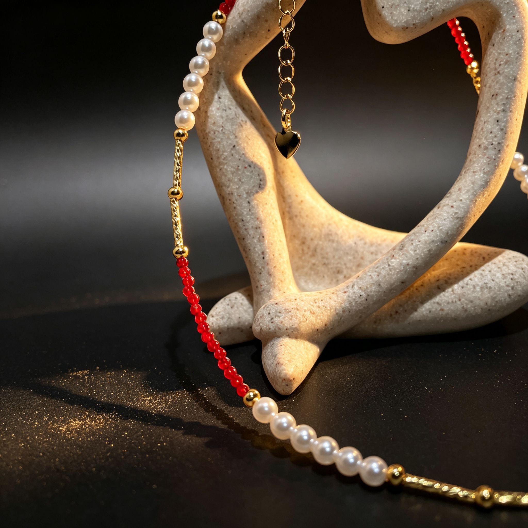 Handmade Red Crystal & Pearl Choker Necklace | Gold Tube Spacer Heart Charm Extender