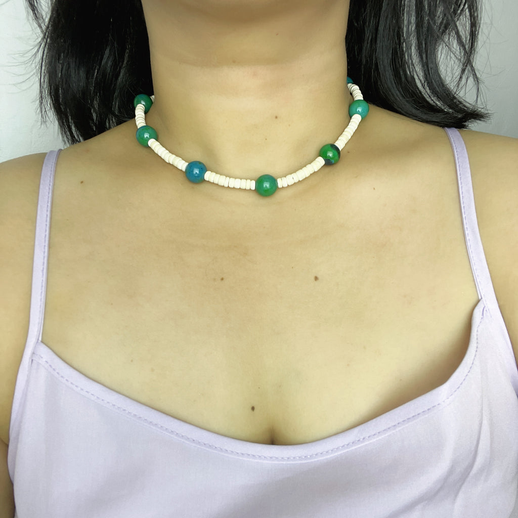 Handmade White Shell Heishi & Green Agate Choker Necklace | Blue Bead Tropical Beach Boho Collar