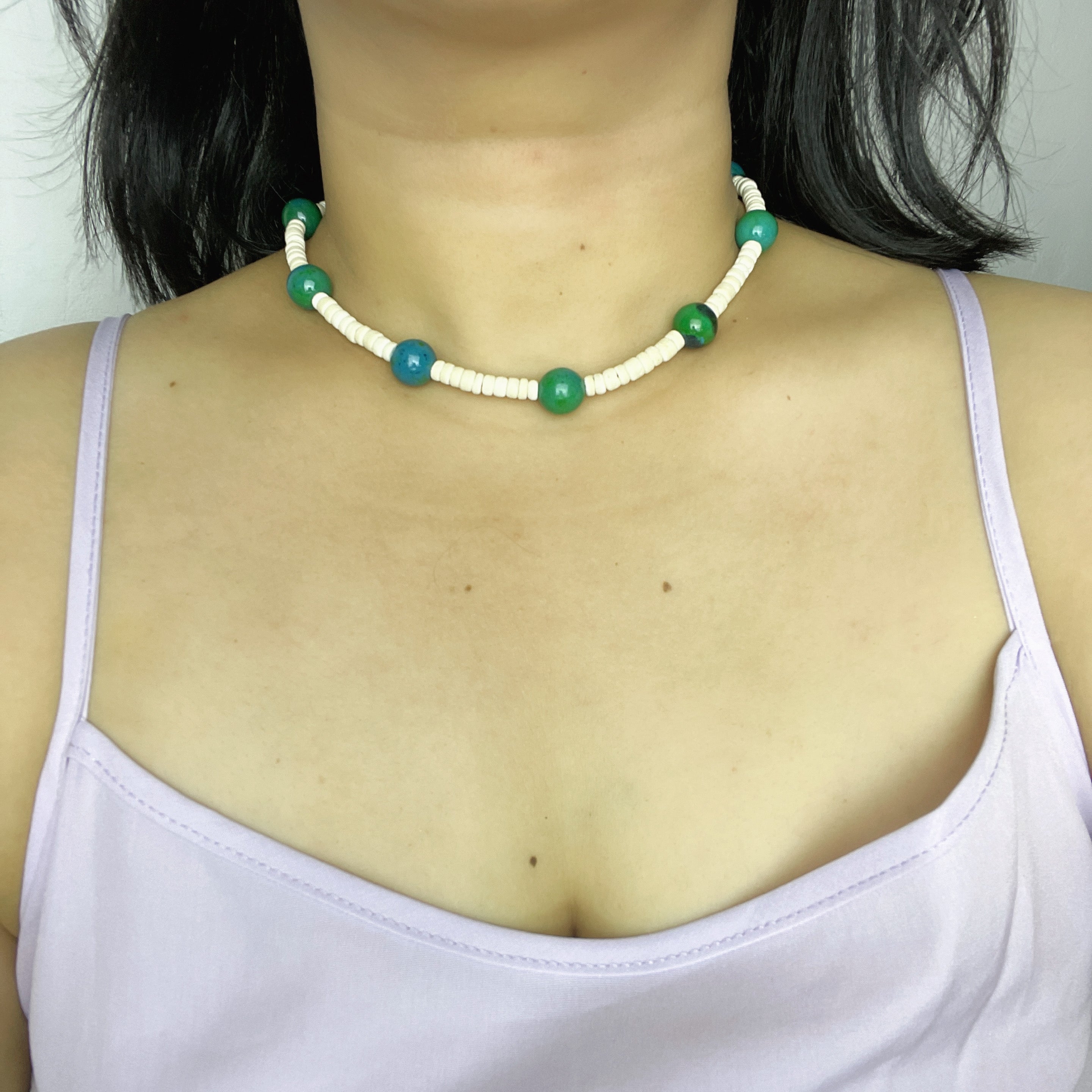 Handmade White Shell Heishi & Green Agate Choker Necklace | Blue Bead Tropical Beach Boho Collar