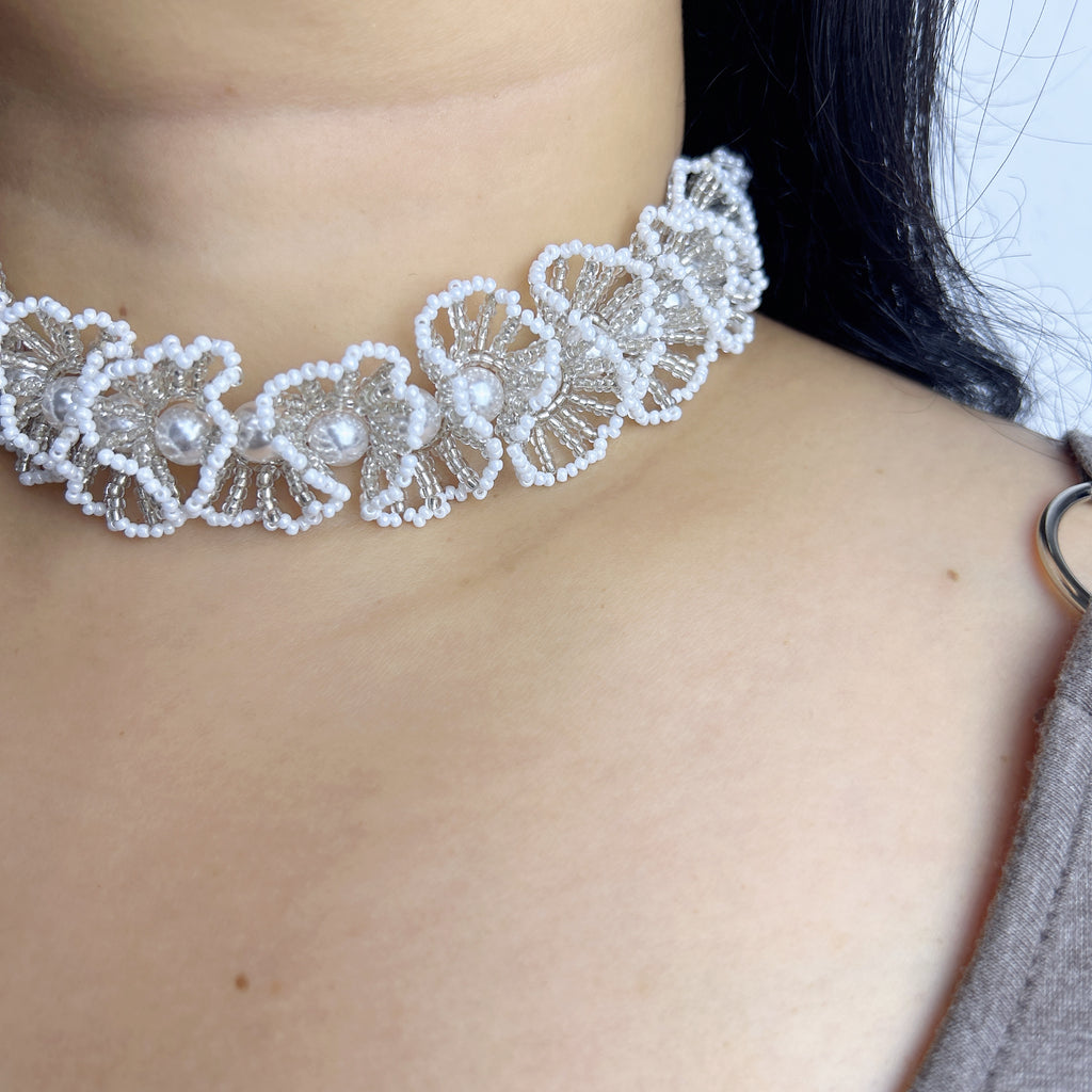 Handmade White & Silver 3D Flower Garland Choker Necklace | Pearl Center Bridal Wedding Statement Collar