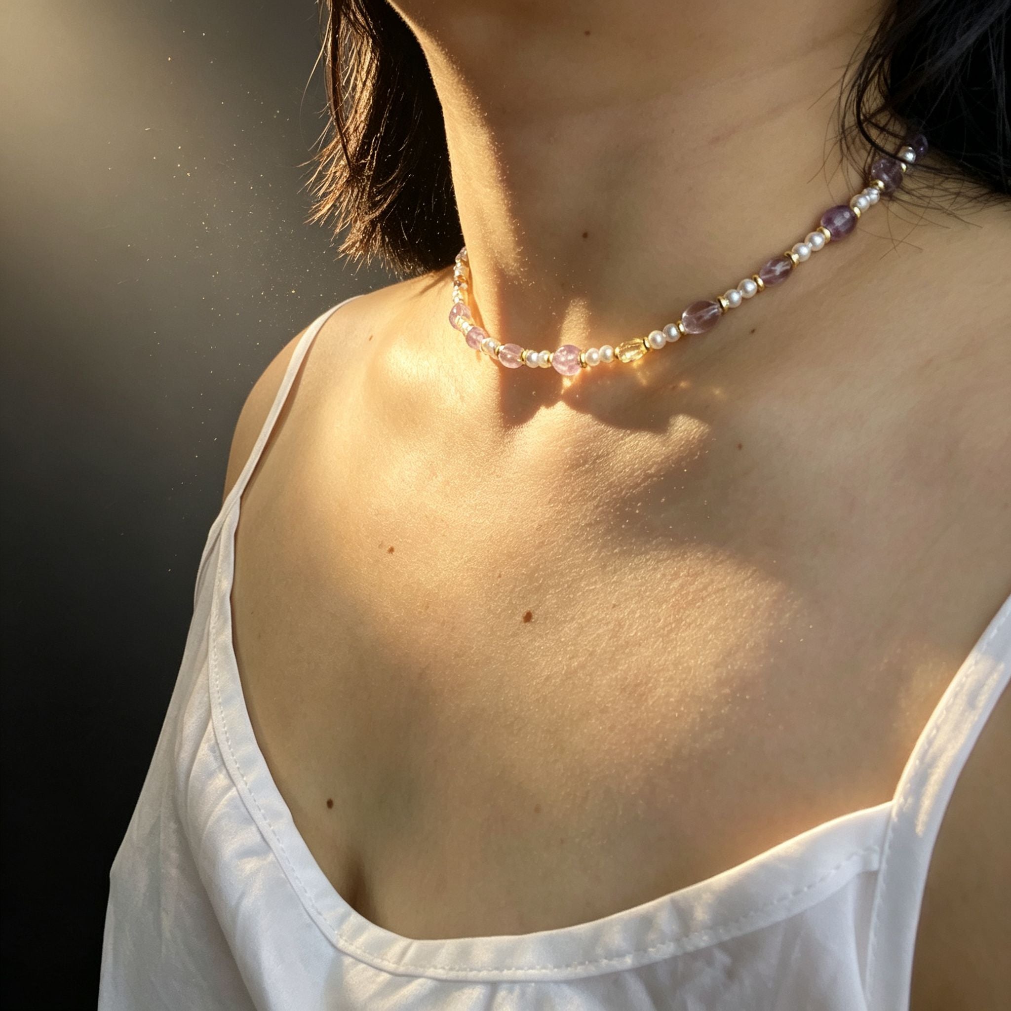Handmade Amethyst Tumbled Stone & Pearl Choker Necklace | Gold Spacer Natural Stone Jewelry