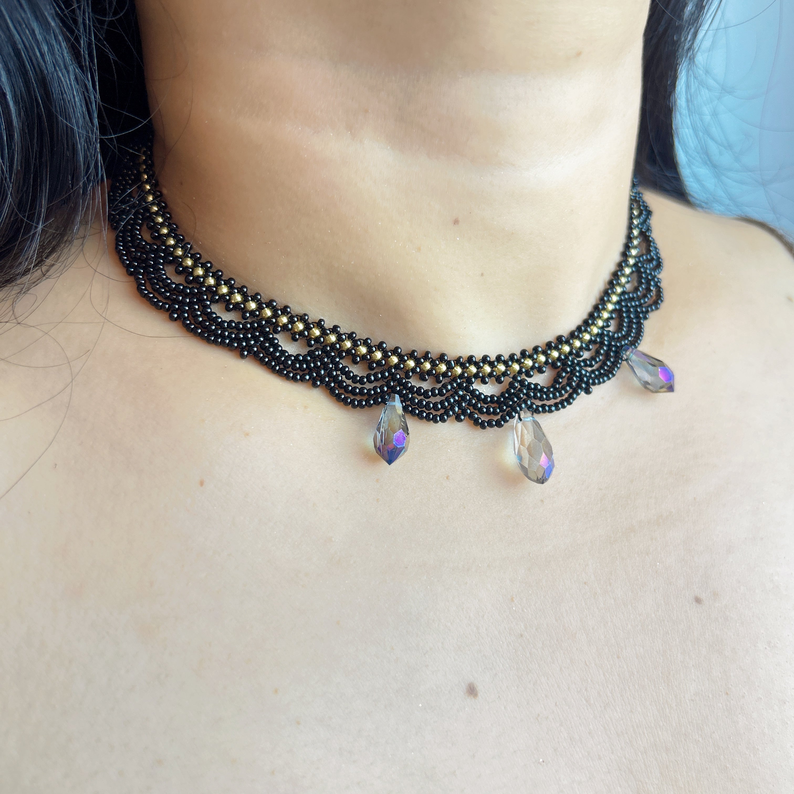Handmade Black Multi-Layer Wave Lace Beaded Choker Necklace | AB Crystal Teardrop Drop Gothic Fairycore Collar