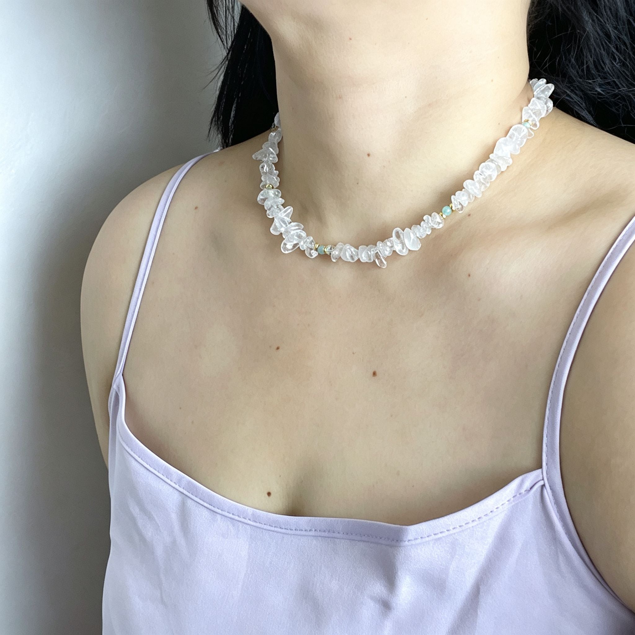 Handmade Clear Quartz Crystal Chip Stone Choker Necklace | Raw Natural Stone Light Blue Gold Accent
