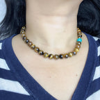 Handmade Tiger Eye & Turquoise Bead Choker Necklace | Natural Stone Gold Spacer Jewelry