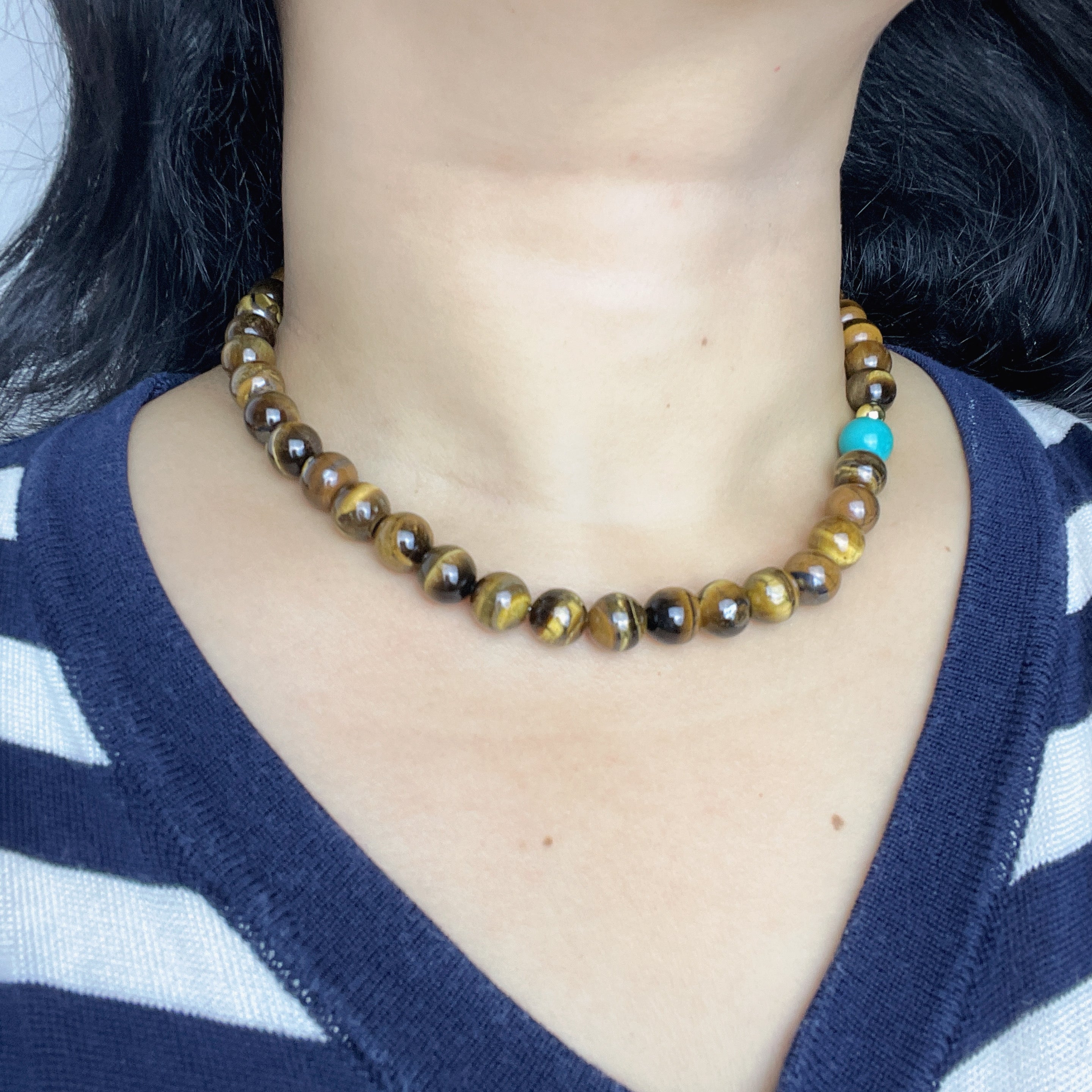 Handmade Tiger Eye & Turquoise Bead Choker Necklace | Natural Stone Gold Spacer Jewelry