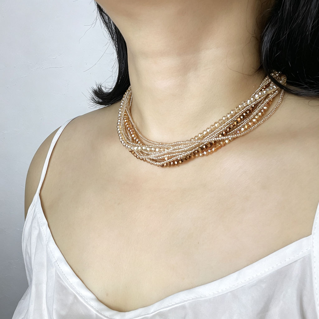 Handmade Multi-Strand Gold Crystal Twisted Choker Necklace | Champagne Layered Statement Collar