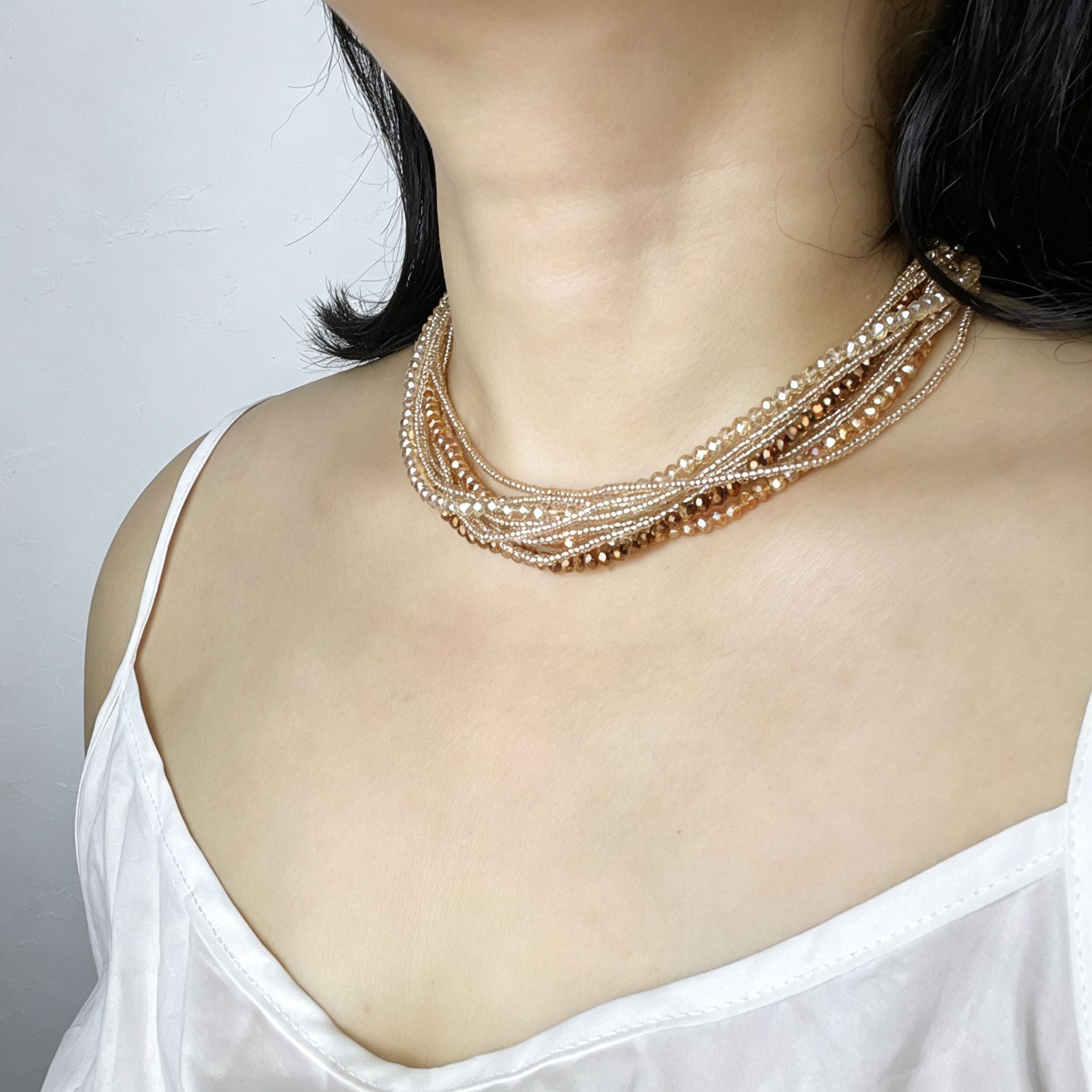 Handmade Multi-Strand Gold Crystal Twisted Choker Necklace | Champagne Layered Statement Collar