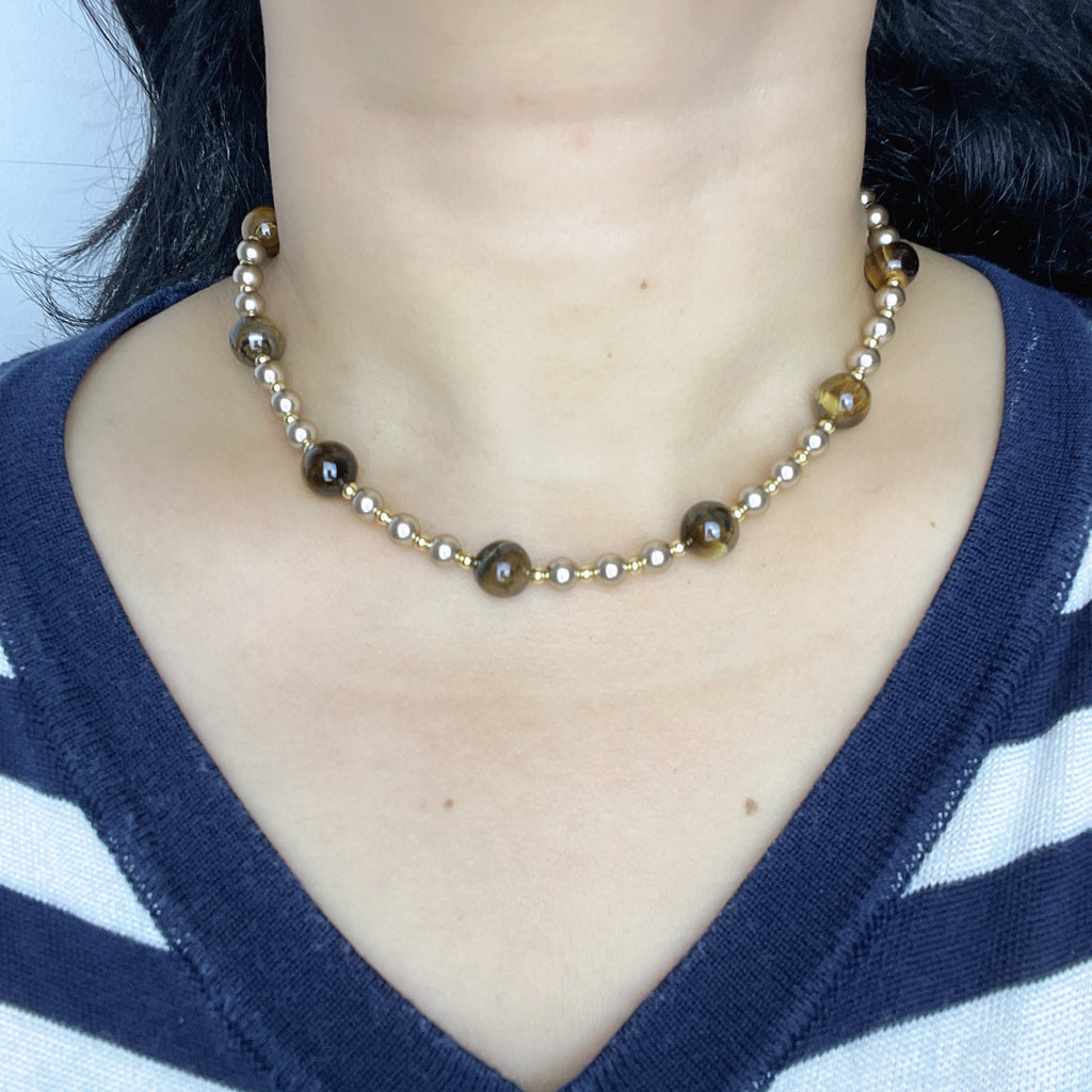 Handmade Tiger Eye & Gold Bead Choker Necklace | Natural Stone Alternating Design