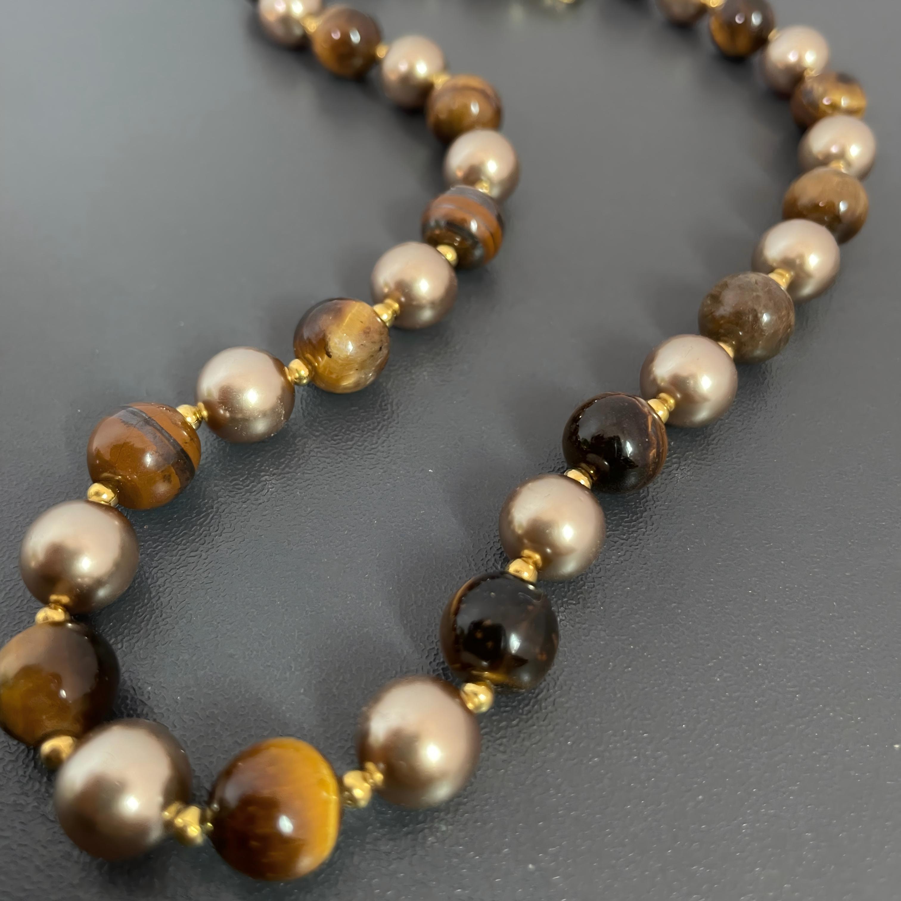 Handmade Tiger Eye Stone & Freshwater Pearl Choker Necklace | Gold Spacer Natural Gemstone Luxe Collar