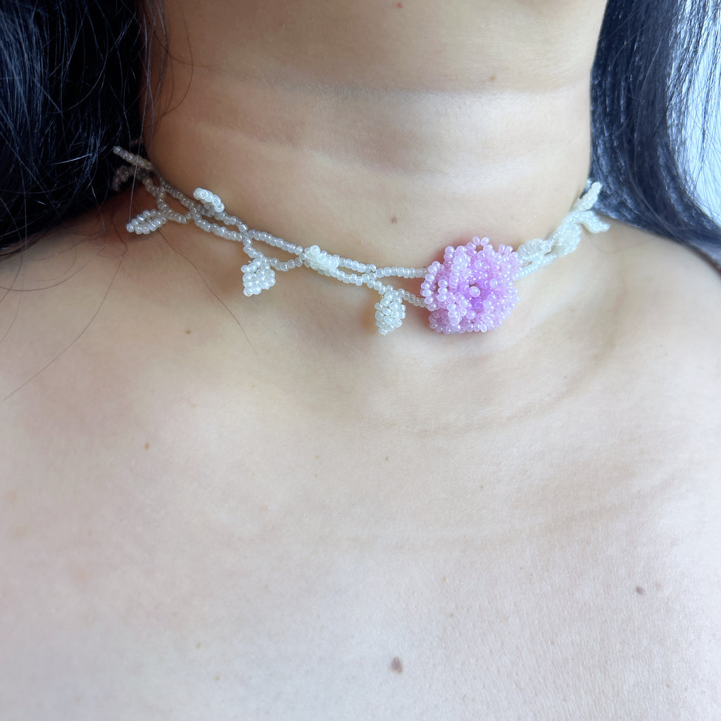 Handmade White Vine & Leaf Beaded Choker Necklace | 3D Pink Hydrangea Rose Center Fairycore Bridal Collar