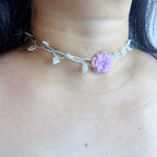 Handmade White Vine & Leaf Beaded Choker Necklace | 3D Pink Hydrangea Rose Center Fairycore Bridal Collar