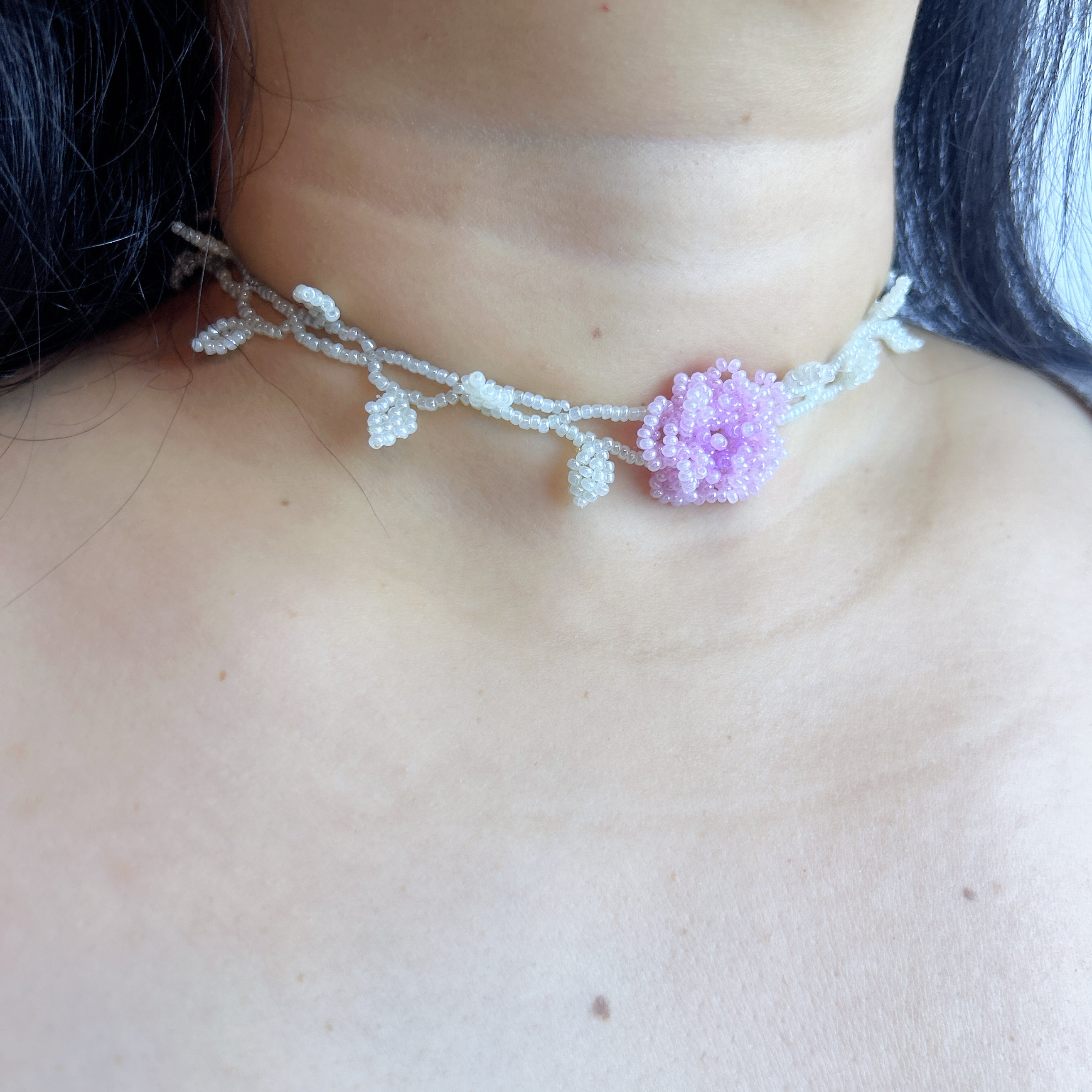 Handmade White Vine & Leaf Beaded Choker Necklace | 3D Pink Hydrangea Rose Center Fairycore Bridal Collar