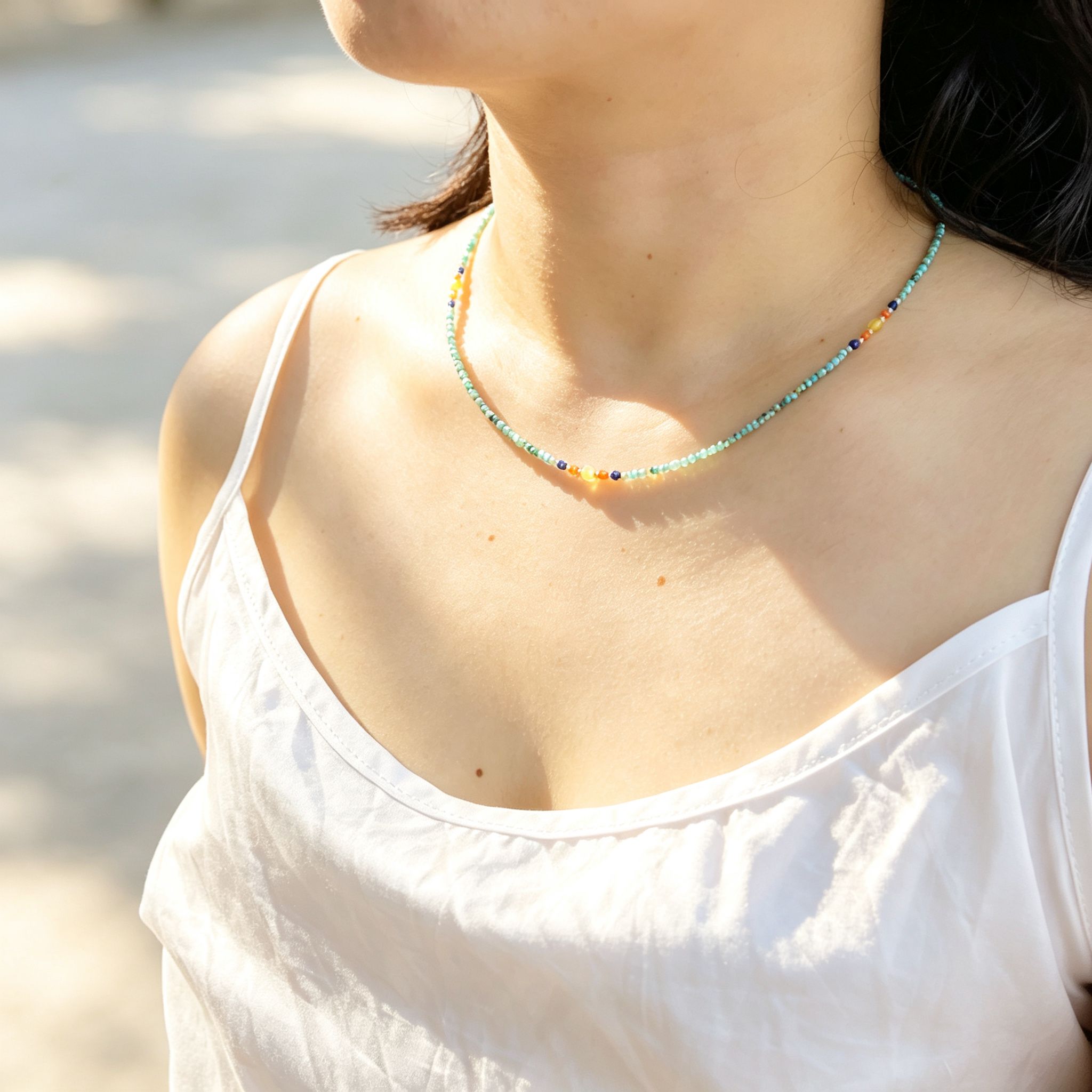 Handmade Mint Green Seed Bead Choker Necklace | Orange Agate Navy Blue Gold Accent