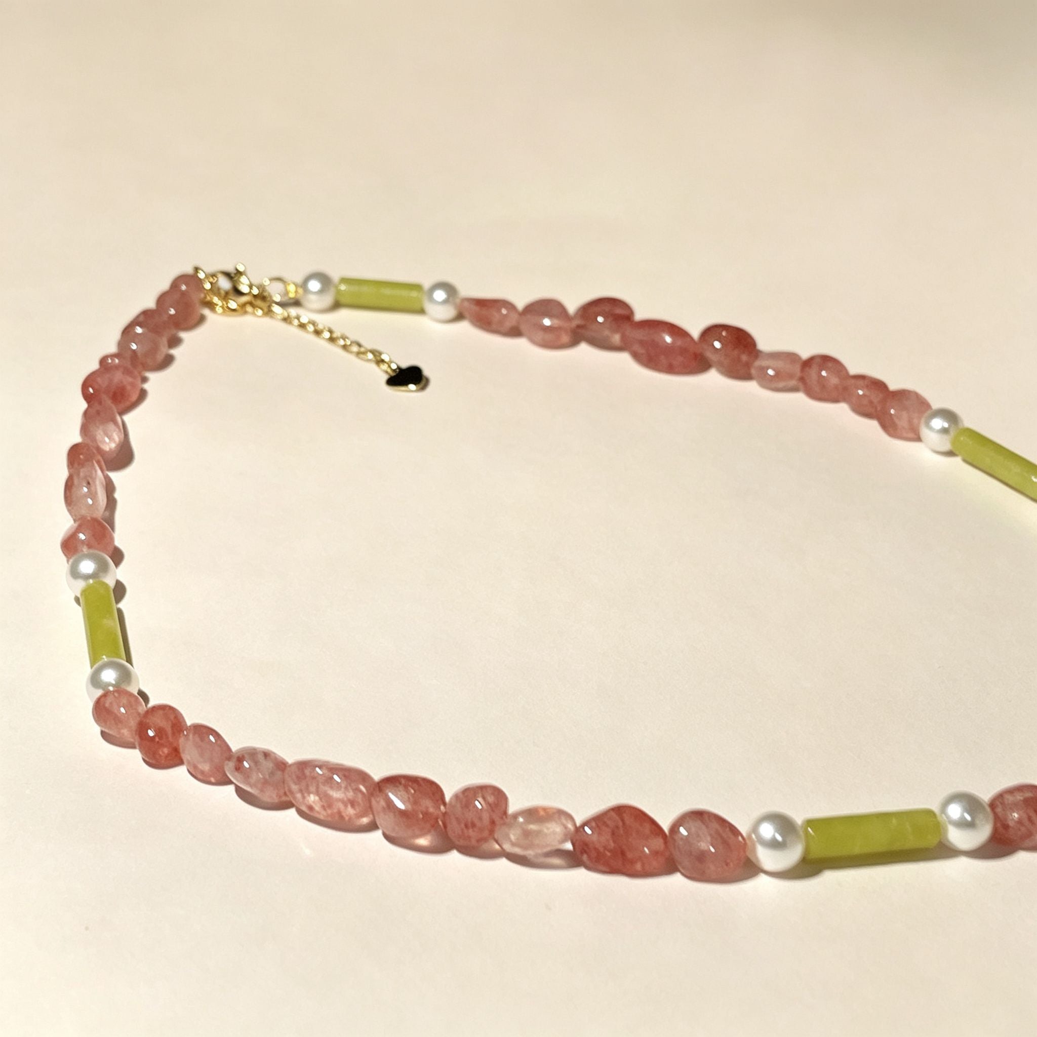 Handmade Strawberry Quartz & Green Jade Tube Pearl Necklace | Gold Lobster Clasp Heart Charm