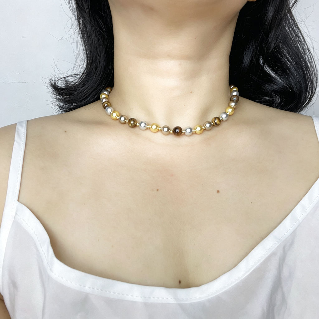 Handmade Gold Silver & Bronze Mixed Metallic Pearl Choker Necklace | Multi-Tone Luxe Beaded Collar