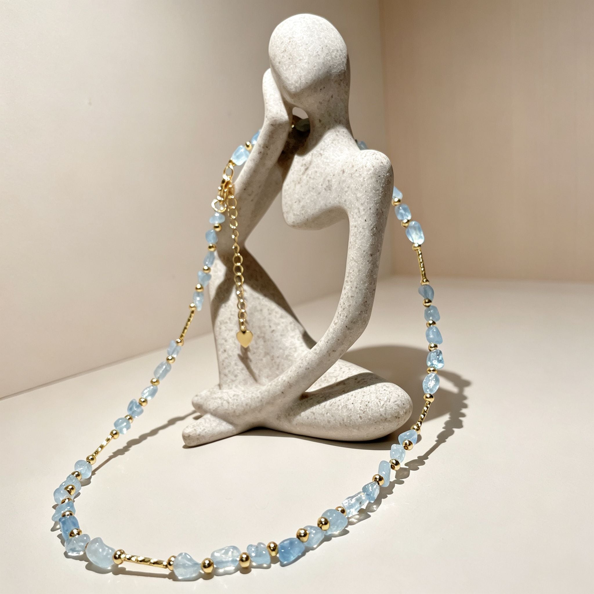 Handmade Aquamarine Chip Stone Choker Necklace | Gold Round & Tube Spacer Heart Charm Extender