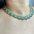 Handmade Silver & Emerald Green Scallop Beaded Choker Necklace | Red Crystal Accent Festive Statement Collar