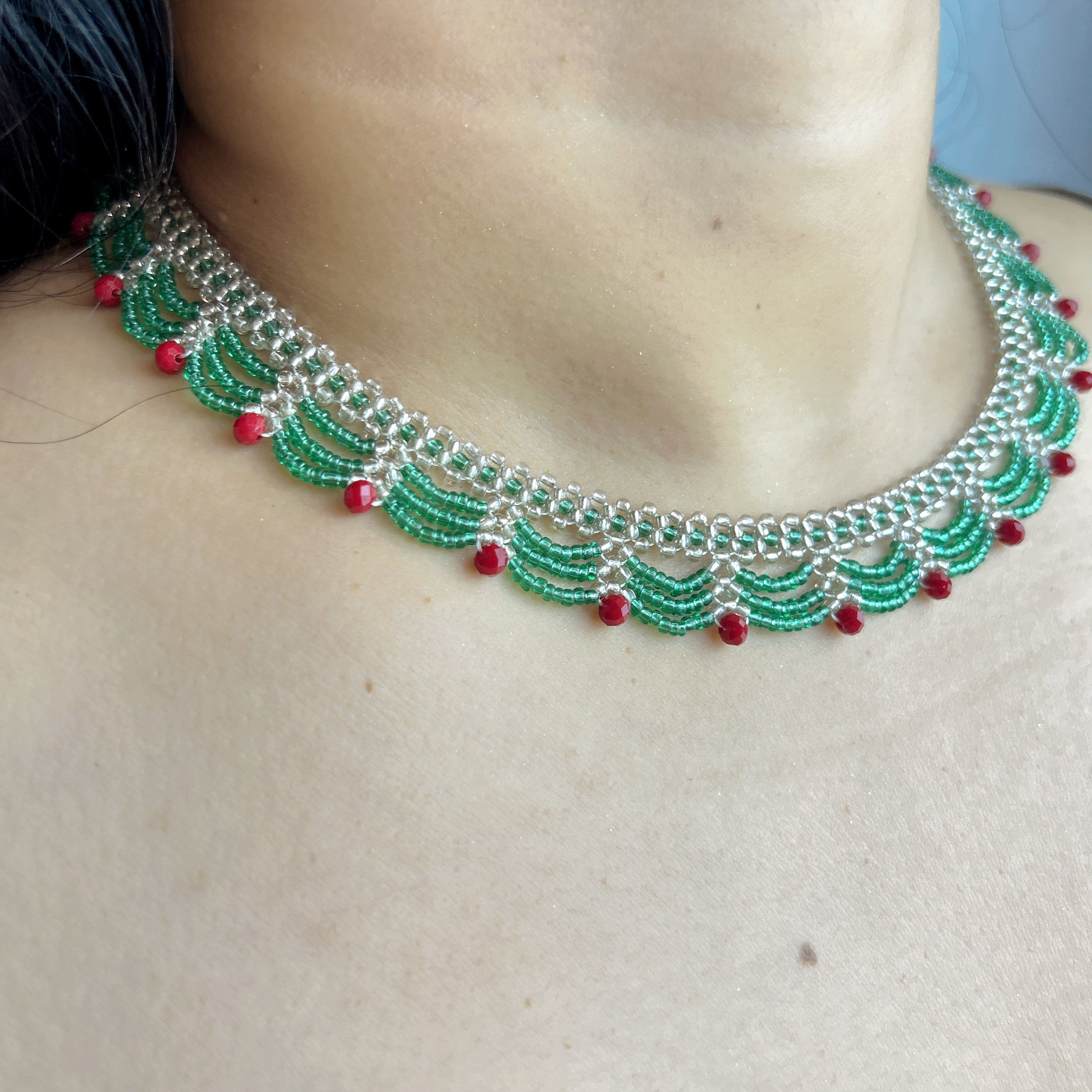 Handmade Silver & Emerald Green Scallop Beaded Choker Necklace | Red Crystal Accent Festive Statement Collar