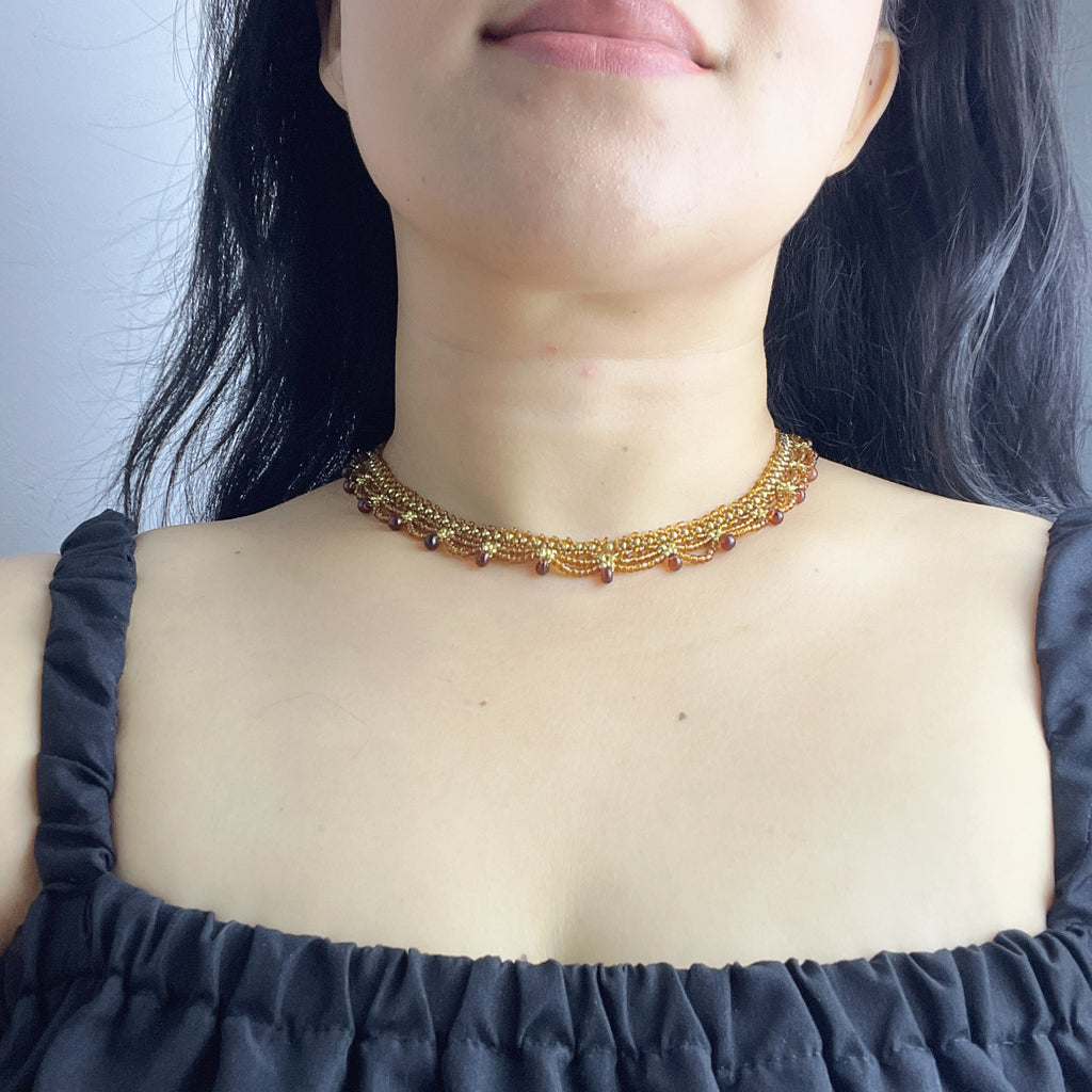 Handmade Gold & Brown Multi-Layer Wave Lace Beaded Choker Necklace | Brown Bead Drop Fringe Vintage Luxe Collar
