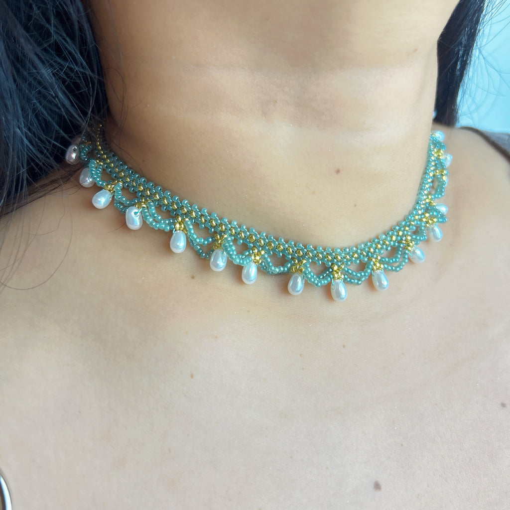 Handmade Teal & Yellow-Green Wave Lace Beaded Choker Necklace | Freshwater Pearl Drop Fringe Ocean Boho Collar
