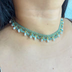 Handmade Teal & Yellow-Green Wave Lace Beaded Choker Necklace | Freshwater Pearl Drop Fringe Ocean Boho Collar
