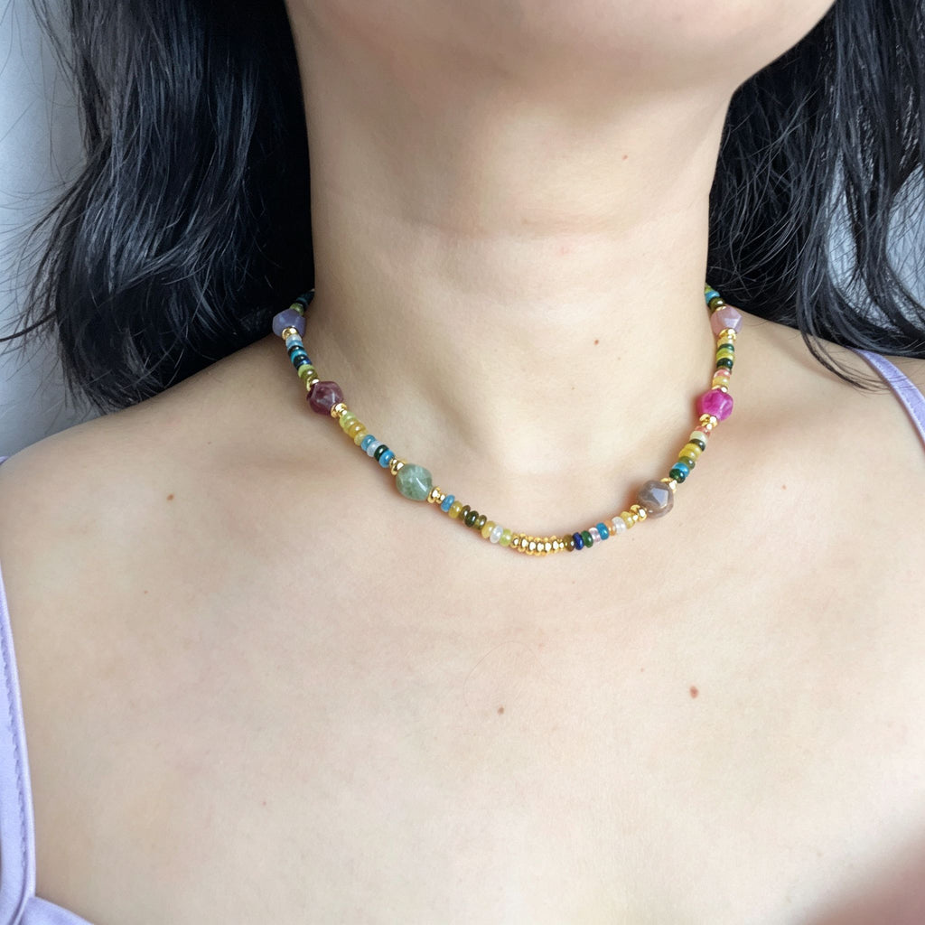 Handmade Multicolor Natural Stone Beaded Necklace | Agate Jasper Faceted Gem Gold Spacer Boho