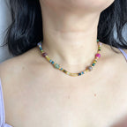 Handmade Multicolor Natural Stone Beaded Necklace | Agate Jasper Faceted Gem Gold Spacer Boho